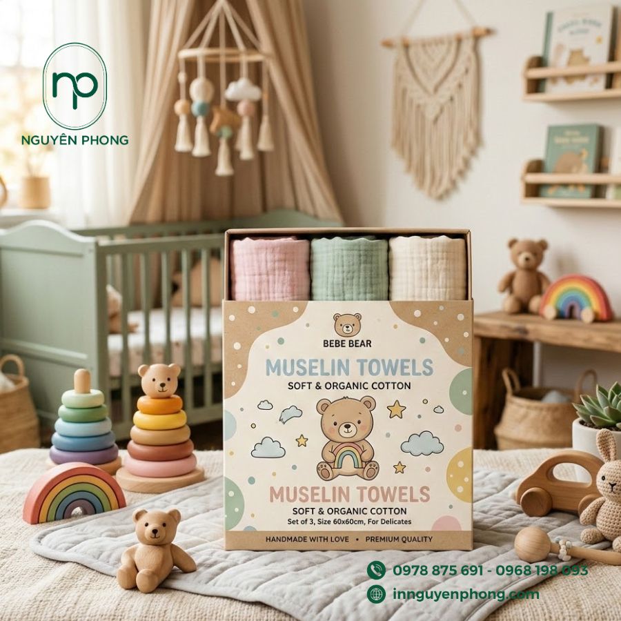 in hộp đựng khăn xô, khăn sữa cho em bé